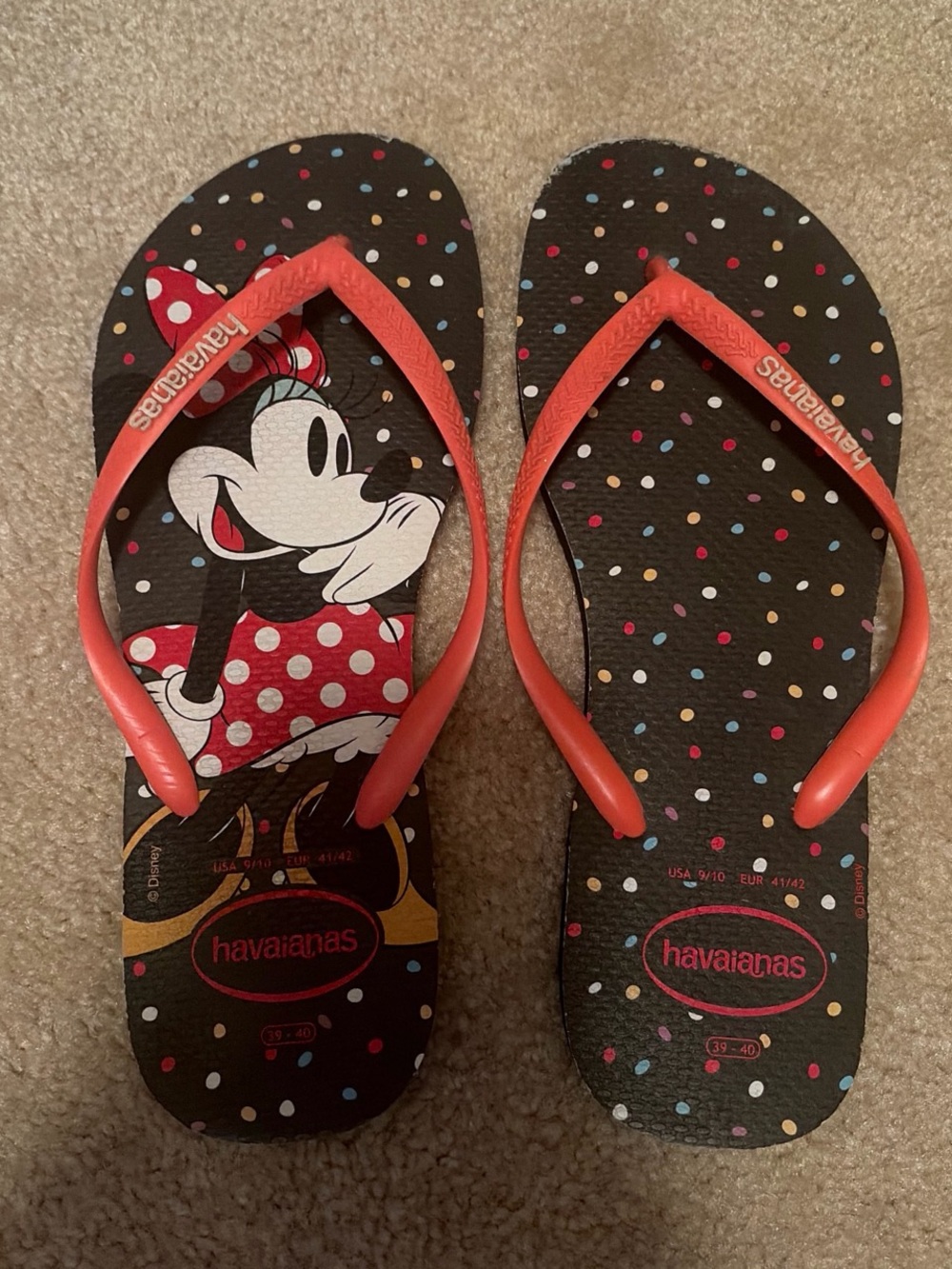 Disney Minnie Mouse Black Flip Flops with Red Straps and Multicolor Polka Dots